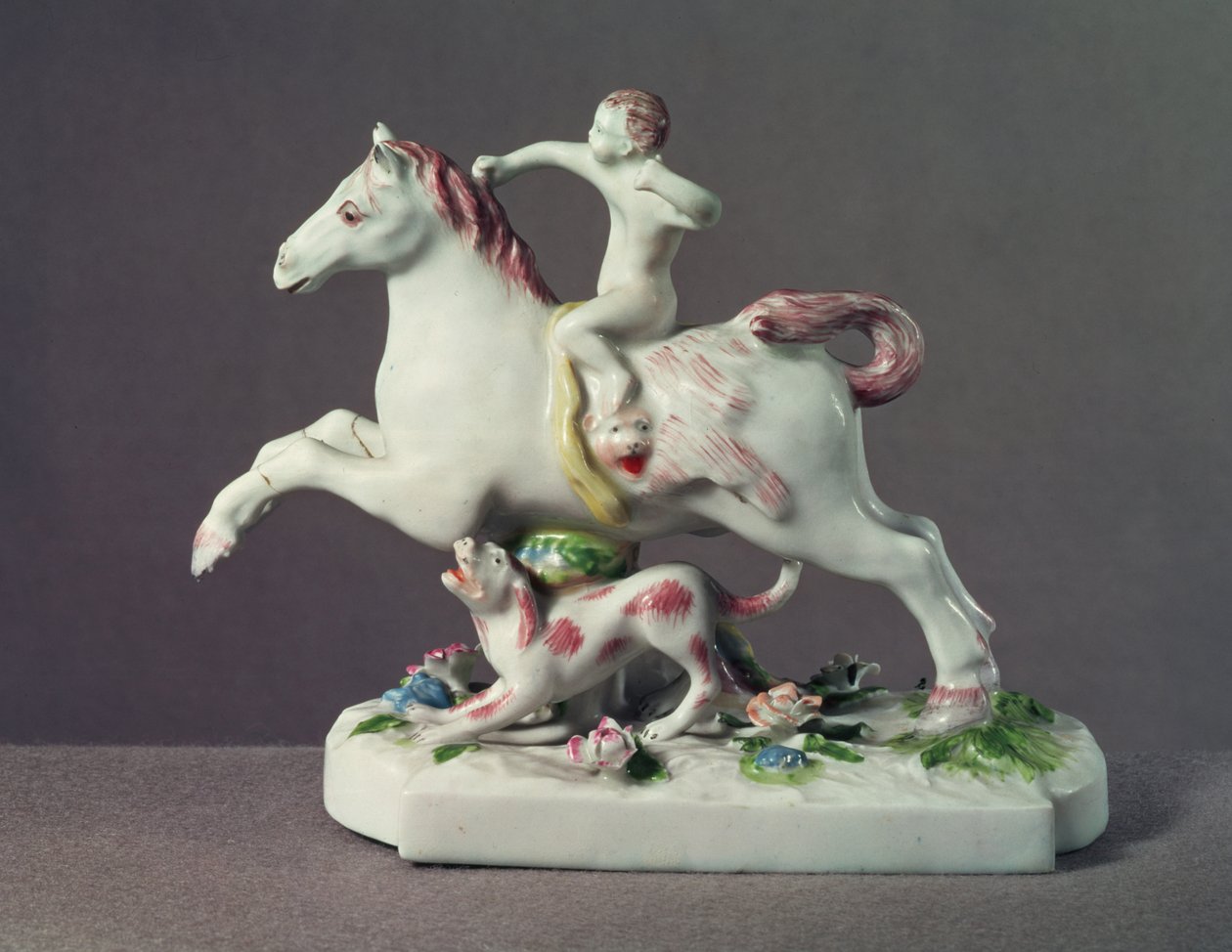 Longton Hall figure of Cupid riding a horse, c.1755 by English School