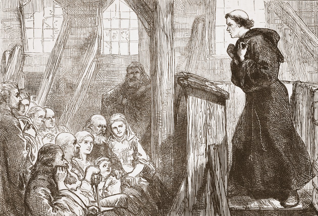 Luther preaching in the old wooden church at Wittemberg by English School