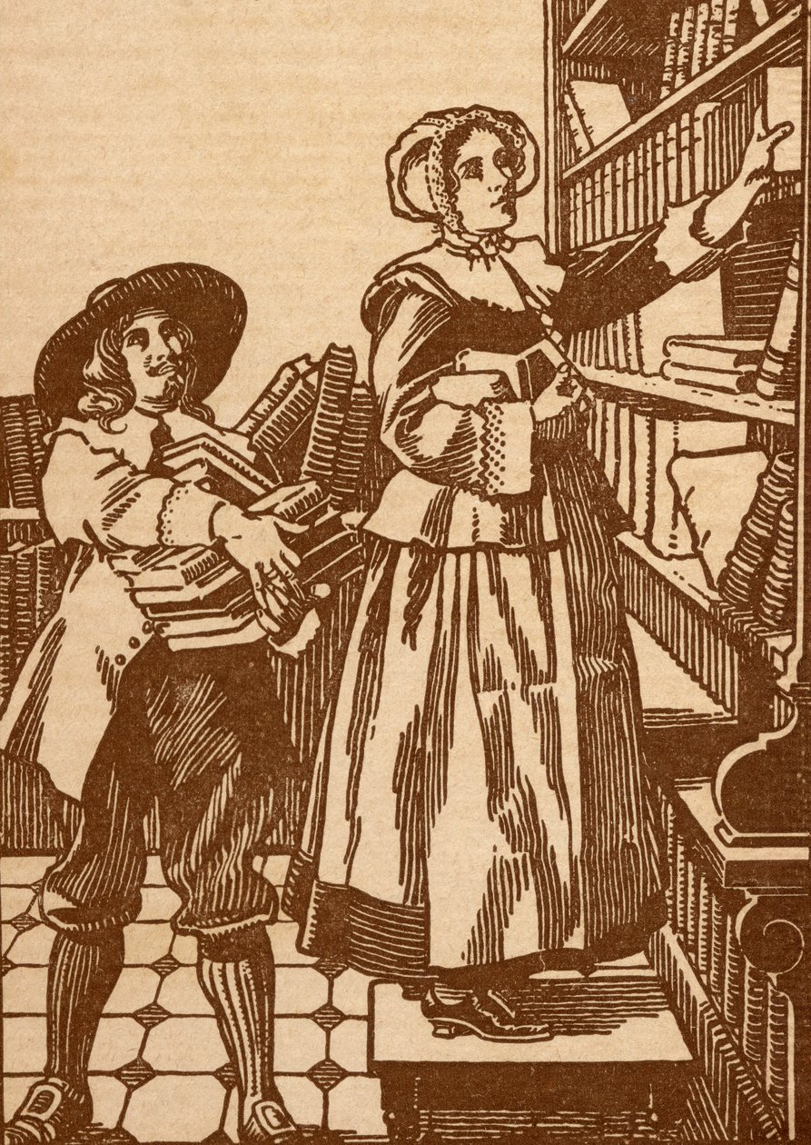 Male and female booksellers working in a 17th century bookshop by English School