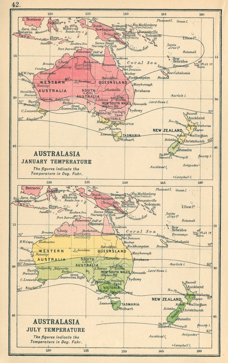 Map: Australasia, January Temperature, July Temperature by English School