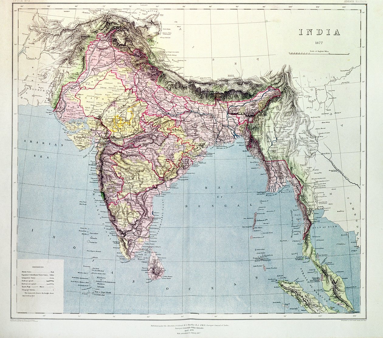 Map of India, published under the direction of Colonel H.R. Thuillier, Surveyor General of India by English School