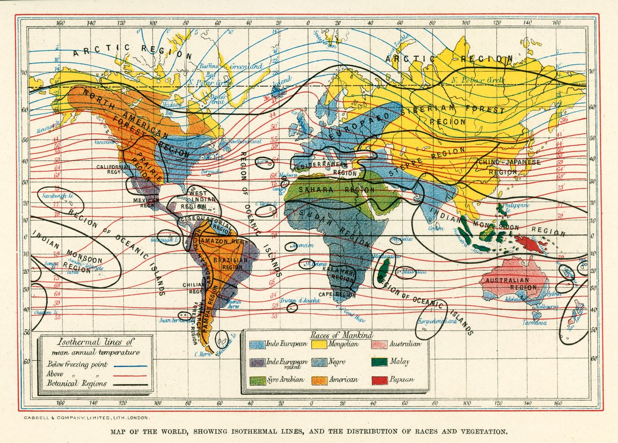 Map of the World, showing isothermal lines, and the distribution of races and vegetation by English School