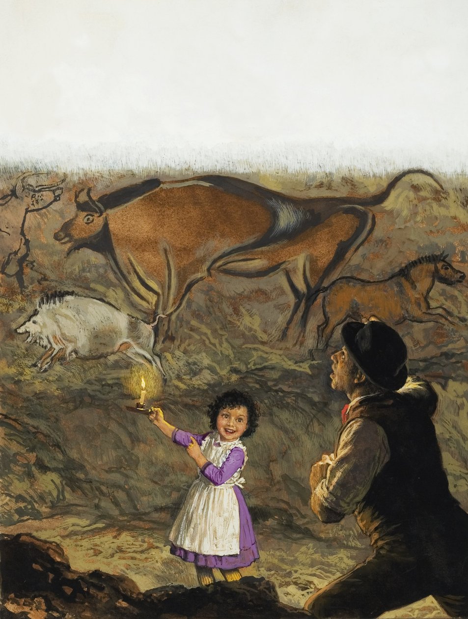 Marcelino Sanz de Sautuola and his daughter Maria discover the cave paintings at Altamira by English School