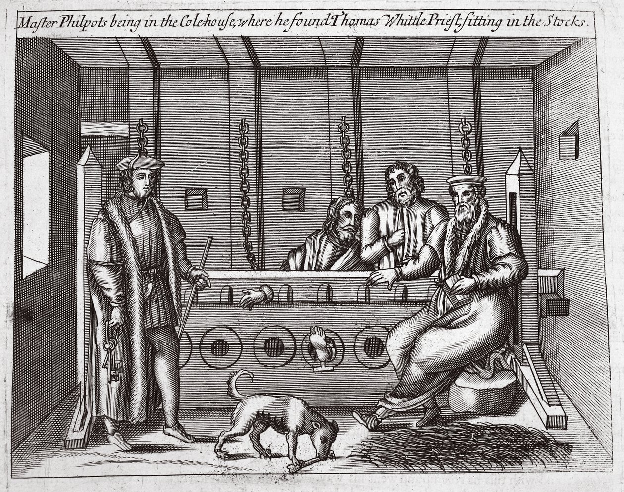Master Philpots being in the Colehouse, where he found Thomas Whittle, priest, sitting in the stocks, illustration from Acts and Monuments by John Foxe, ninth edition, published 1684 by English School