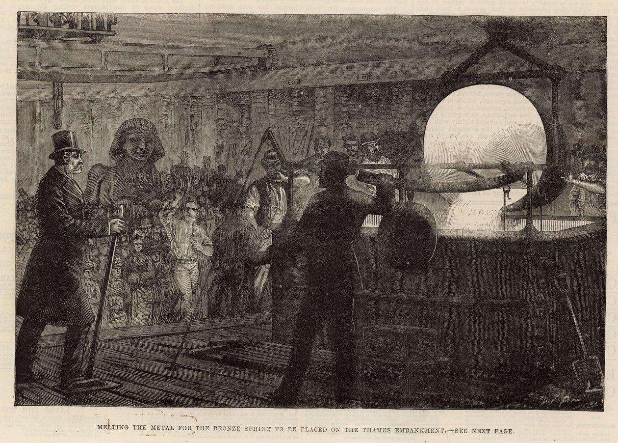 Melting the Metal for the Bronze Sphinx to be Placed on the Thames Embankment (engraving) by English School