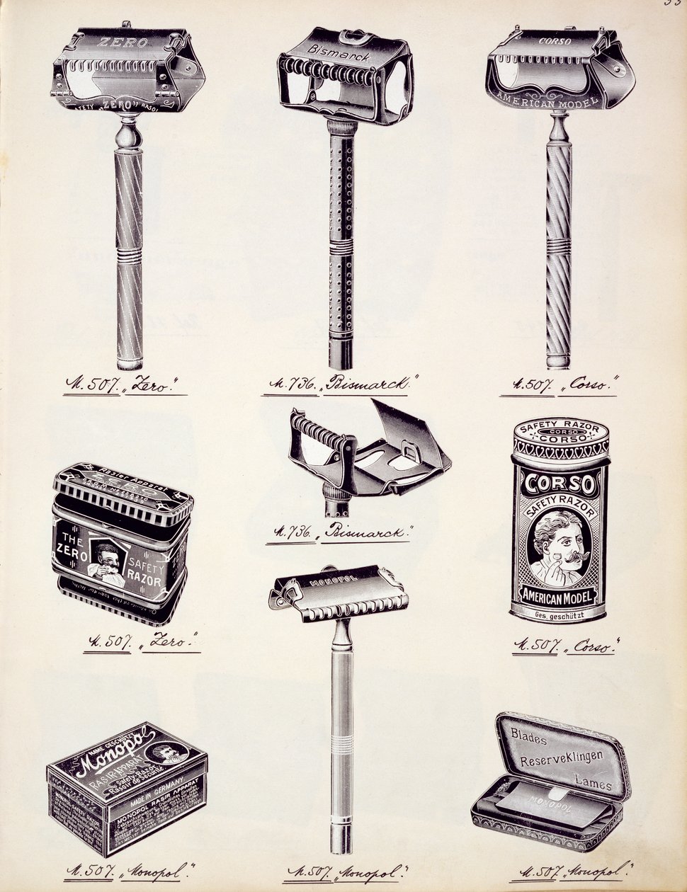Mens shaving equipment, from a trade catalogue of domestic goods and fittings, c.1890-1910 by English School