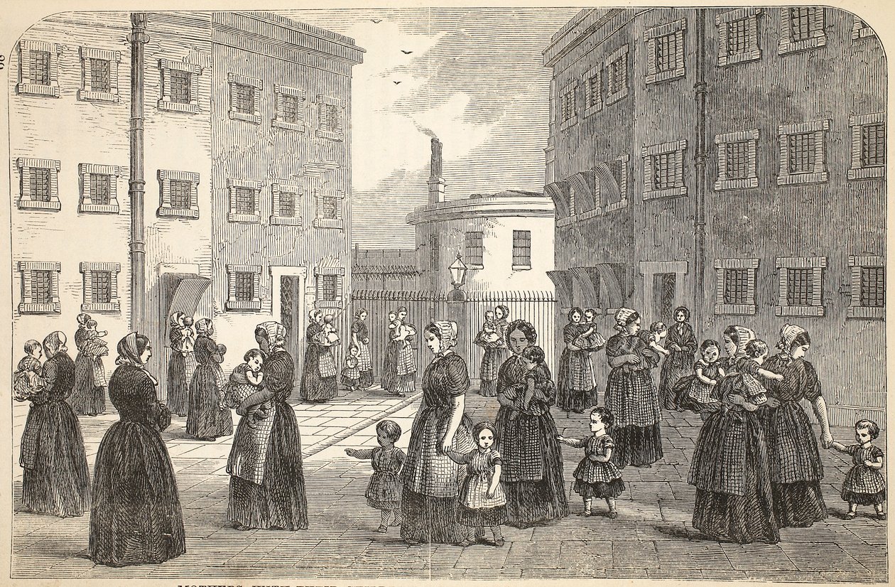 Mothers, with their children, exercising at Tothill Fields Prison, illustration from The Criminal Prisons of London and Scenes from Prison Life by Henry Mayhew and John Binny, pub. 1862 by English School