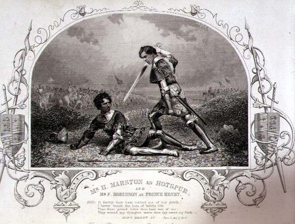 Mr. H. Marston as Hotspur and Mr. F. Robinson as Prince Henry, Act V Scene 4 from Henry IV (Part I) from a daguerrotype by Paine of Islington, pub. by John Tallis & Co. by English School