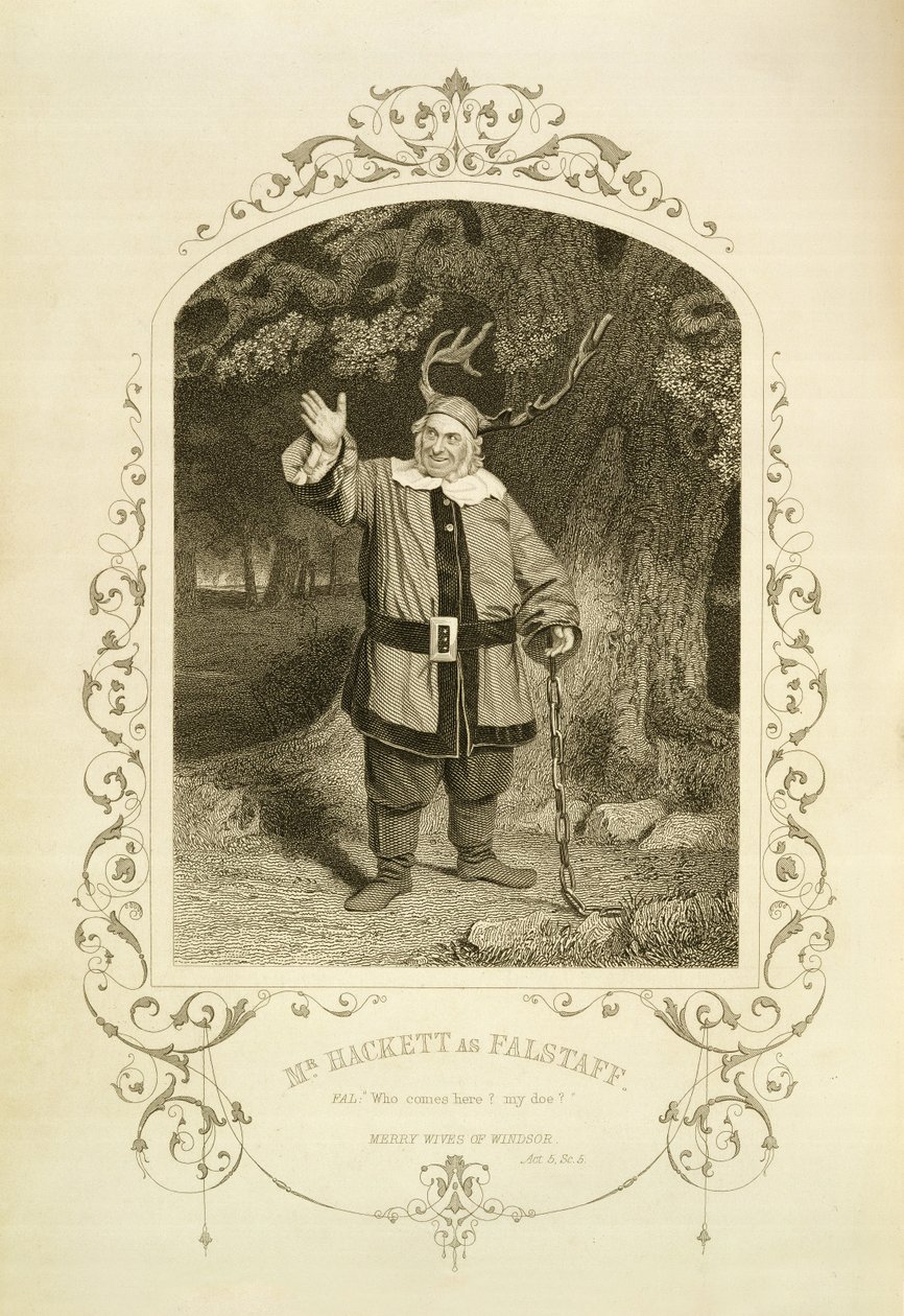 Mr Hackett as Falstaff, Act V Scene 5, in The Merry Wives of Windsor by William Shakespeare, engraved by George Hollis from a daguerreotype by English School