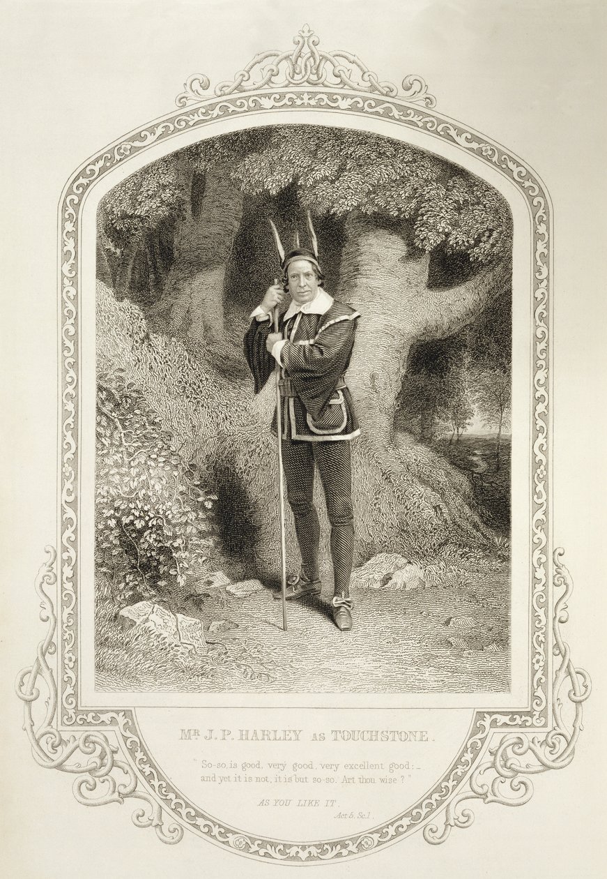 Mr. J.P. Harley as Touchstone, Act V Scene 1, in As You Like It by William Shakespeare, engraved by George Hollis from a Daguerreotype by J.P. Mayall by English School