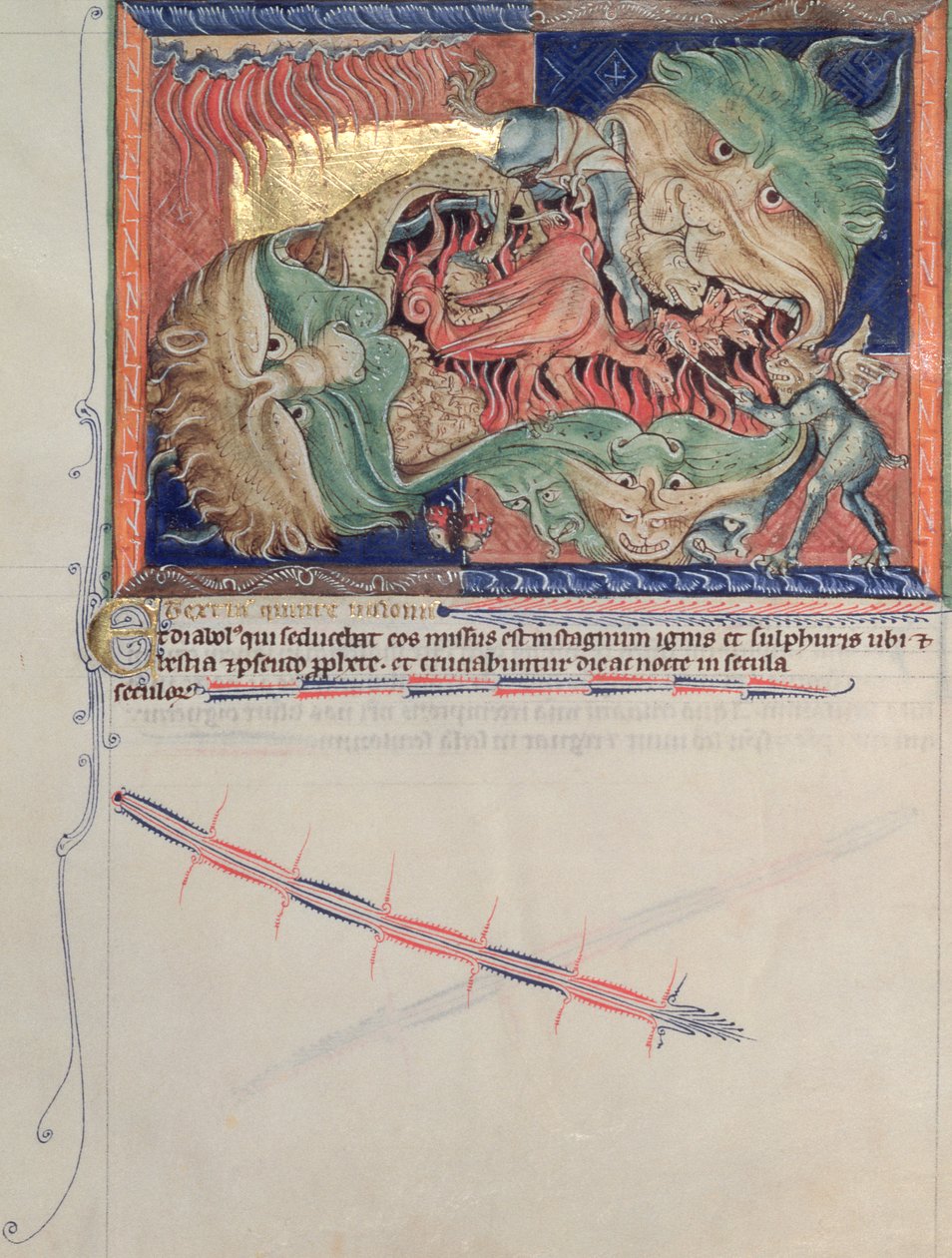 The Jaws of Hell Swallowing the Red Dragon, the Beast of the Sea and the Beast of the Earth, from the Gulbenkian Apocalypse, c.1265-70 by English School