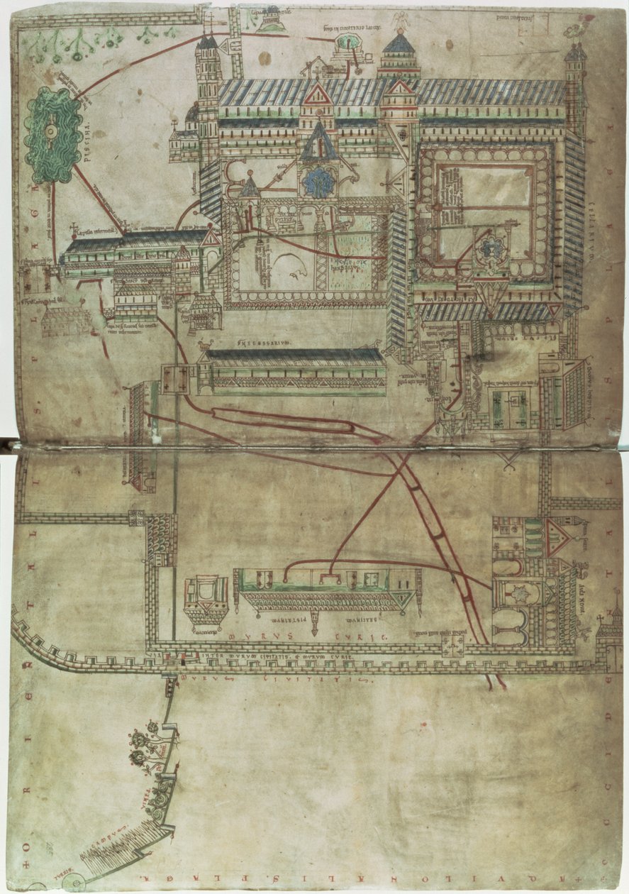 Plan of Canterbury Cathedral and the Plumbing System, from the 