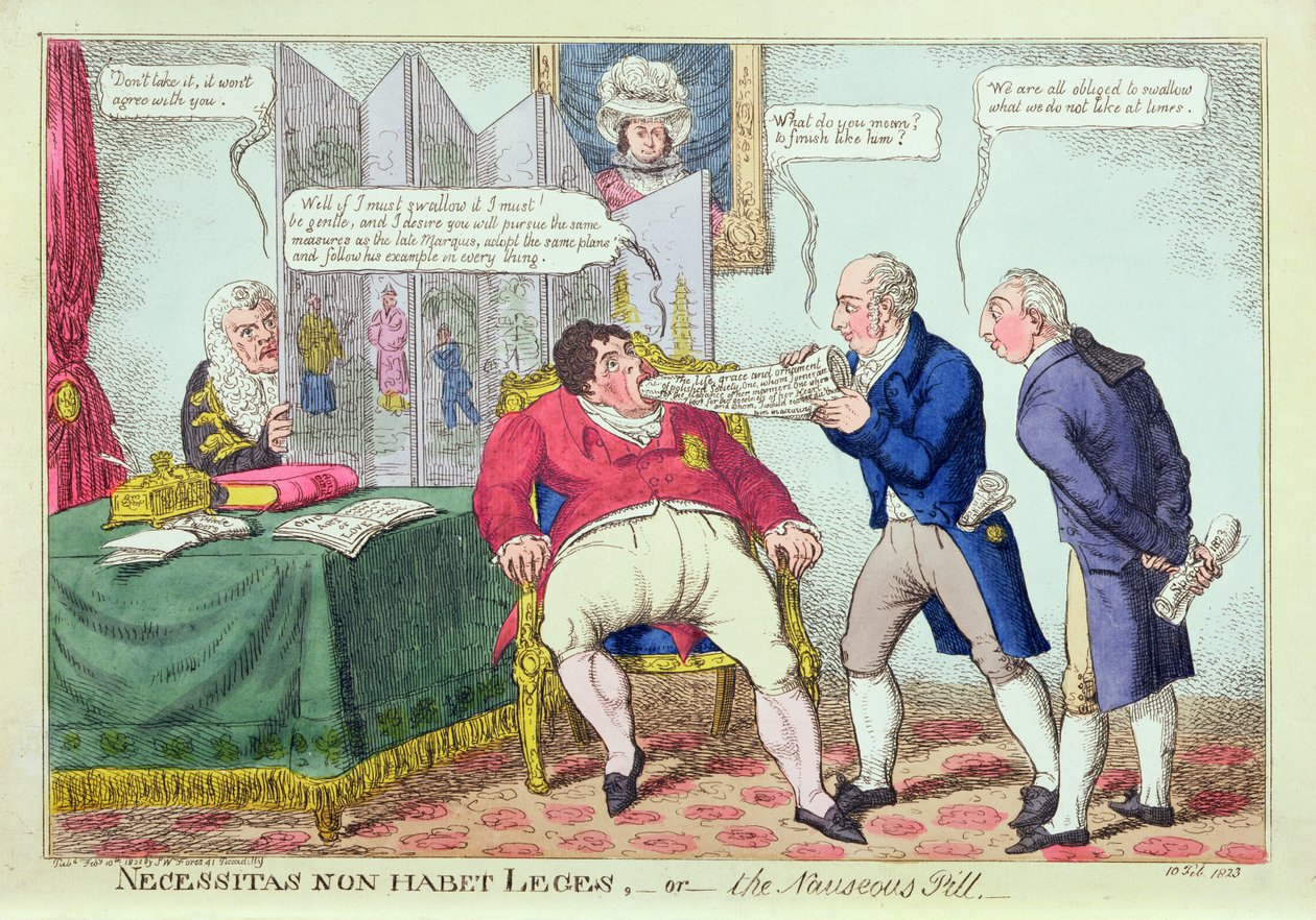Necessitas Non Habet Leges, or the Nauseous Pill (hand-coloured engraving) by English School