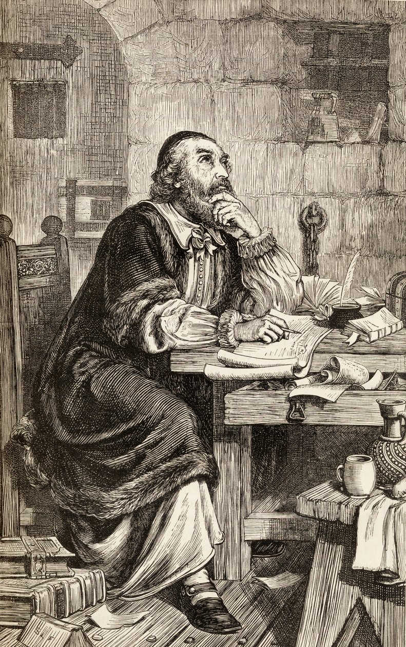 Nicholas Ridley writing letters in prison whilst awaiting his execution, c.1865 by English School