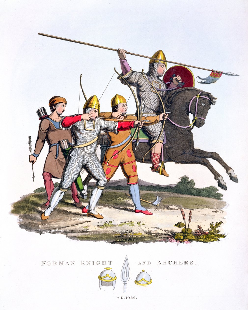 Norman Knight and Archers, 1066, from Ancient Armour by Samuel Rush Meyrick, 1824 by English School