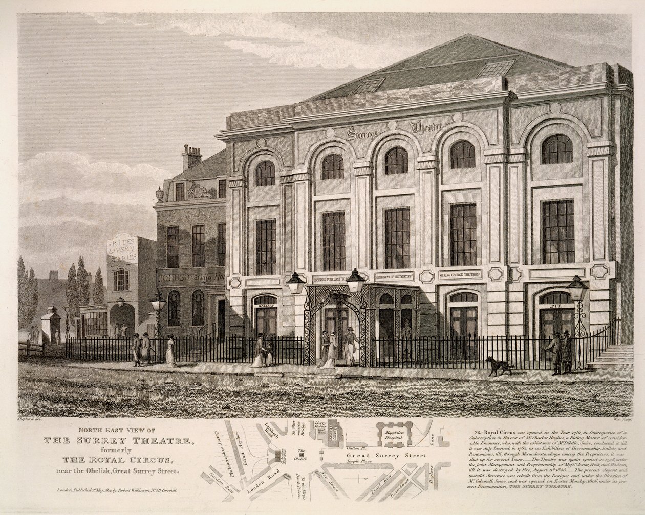 North East view of the Surrey Theatre, formerly The Royal Circus near the obelisk, Great Surrey Street by English School