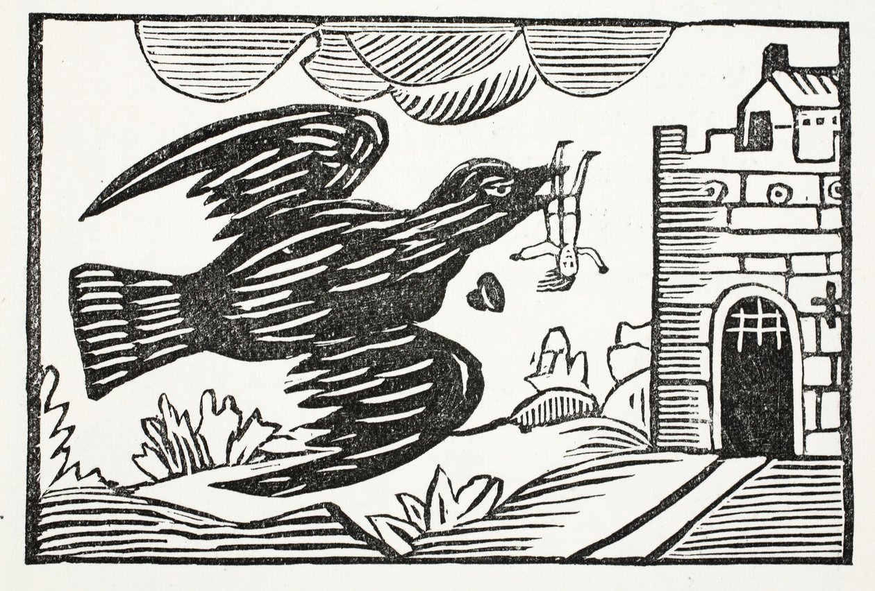 Now by a raven of great strength, Away poor Tom was borne (illustration) by English School