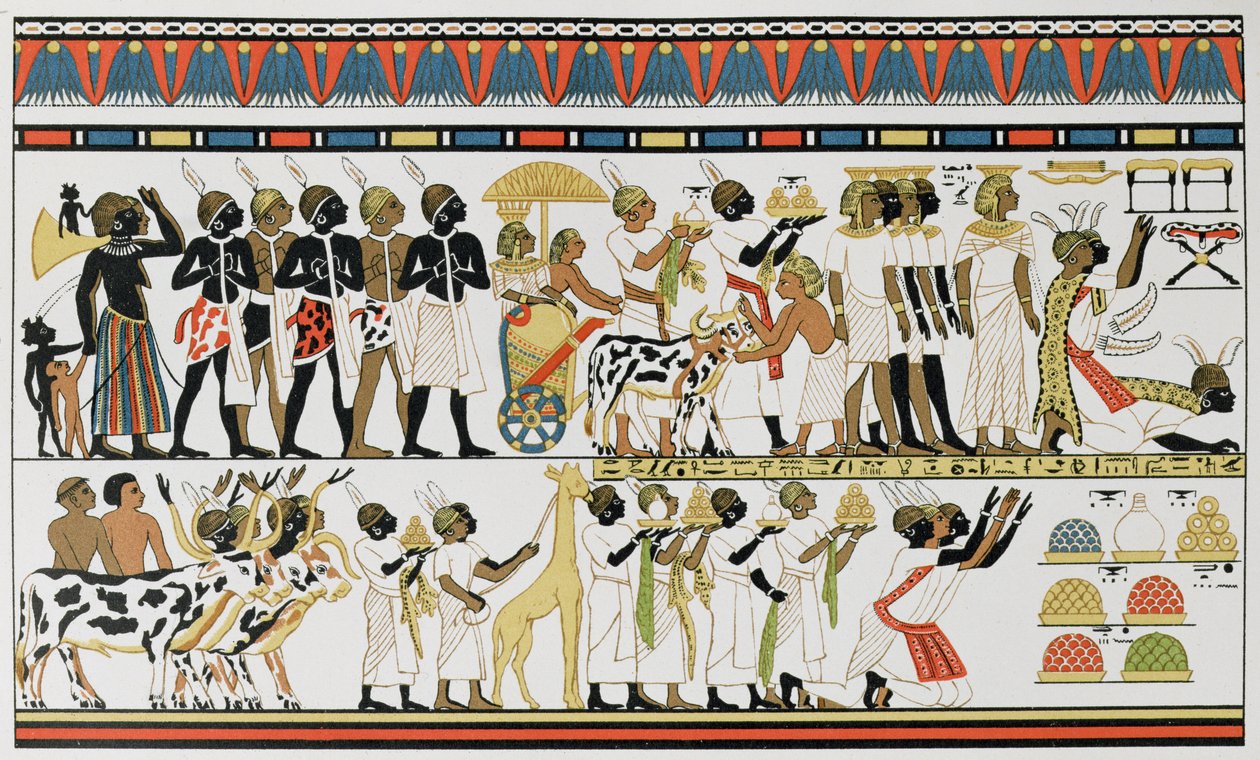 Nubian Chiefs Bringing Presents to the King of Egypt, Copy of an Ancient Egyptian Wall Painting from a Tomb at Thebes, c.1380 BC, from The History of Mankind, Vol.III, by Prof. Friedrich Ratzel, 1898 by English School