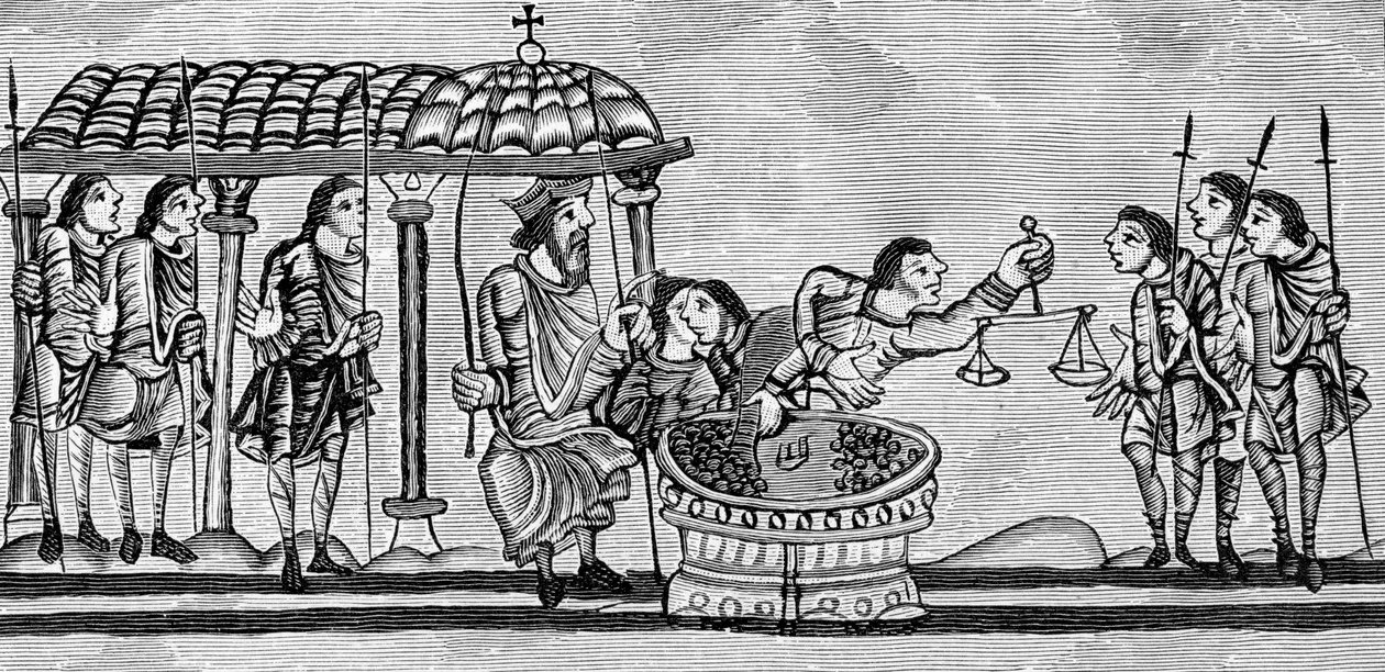 Officers receiving and weighing coins at the exchequer 1130-74, from 