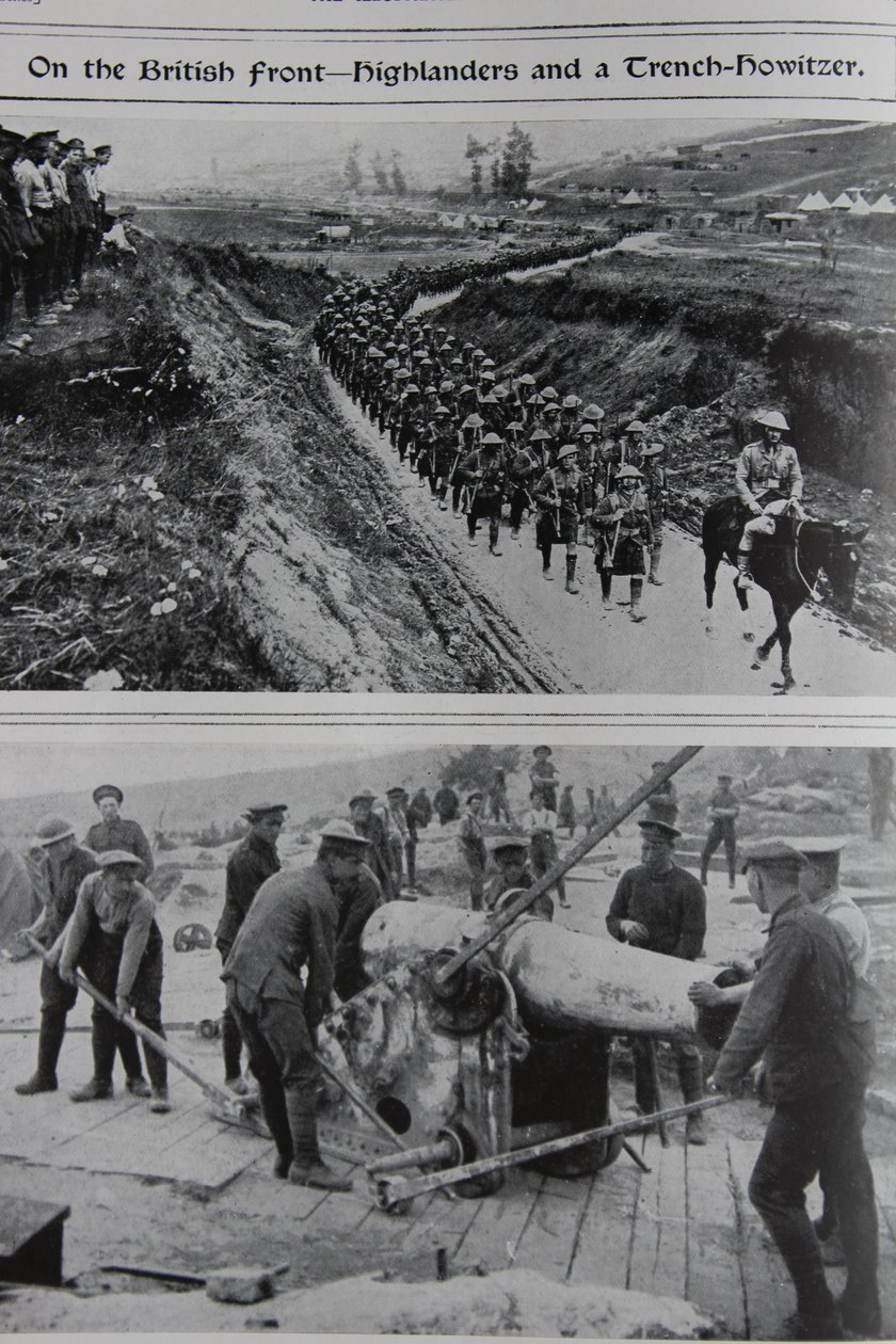 On the British Front - Highlanders and a Trench Howitzer, 1914-18 by English School