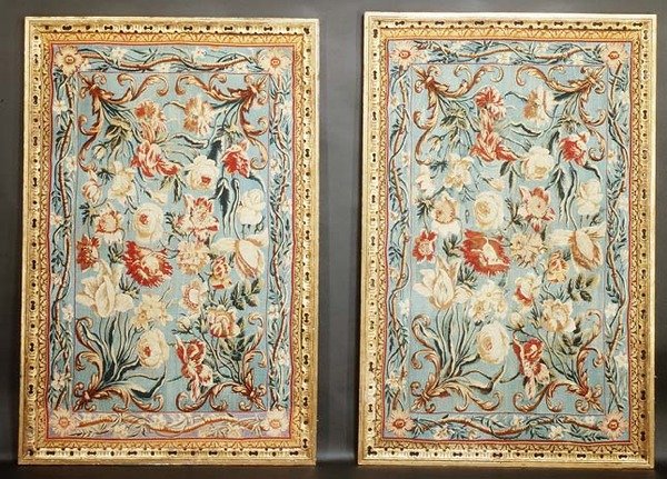 Pair of floral Soho tapestries, framed by English School