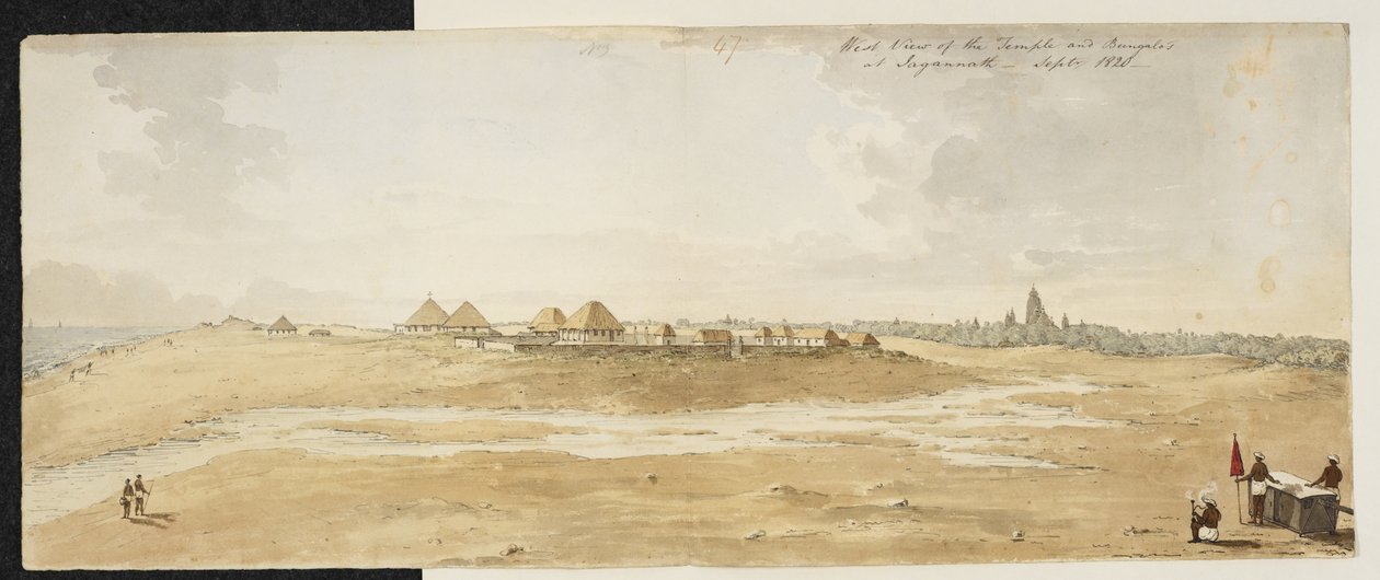 Panorama of the Great Temple of Jagannath, Puri (Orissa), taken from the west, showing European bungalows in the foreground on the sea shore, September 1820 by English School
