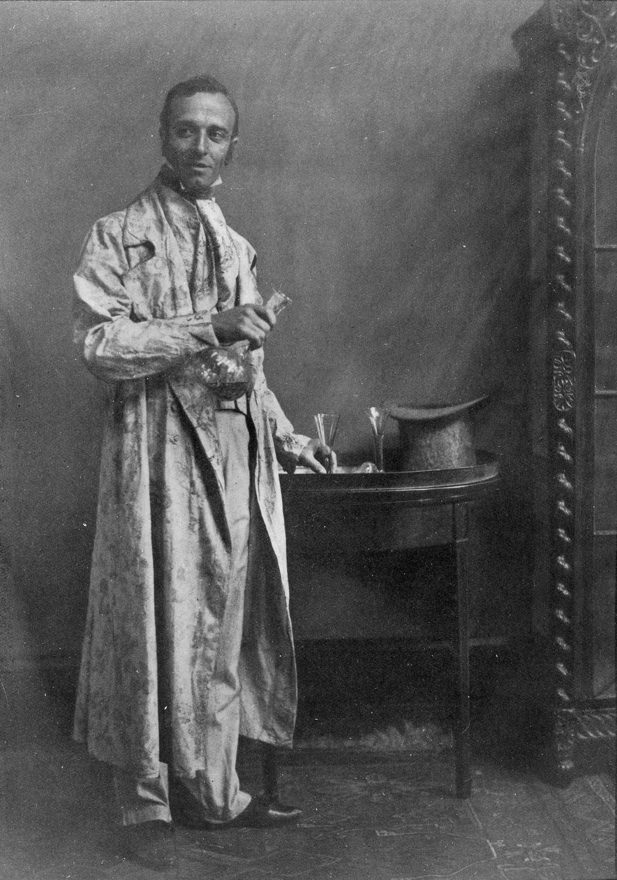Photograph of a grey morning coat of flowered chintz with nankeen trousers, from Old English Costumes: A sequence of fashions through the 18th and 19th Centuries by English School