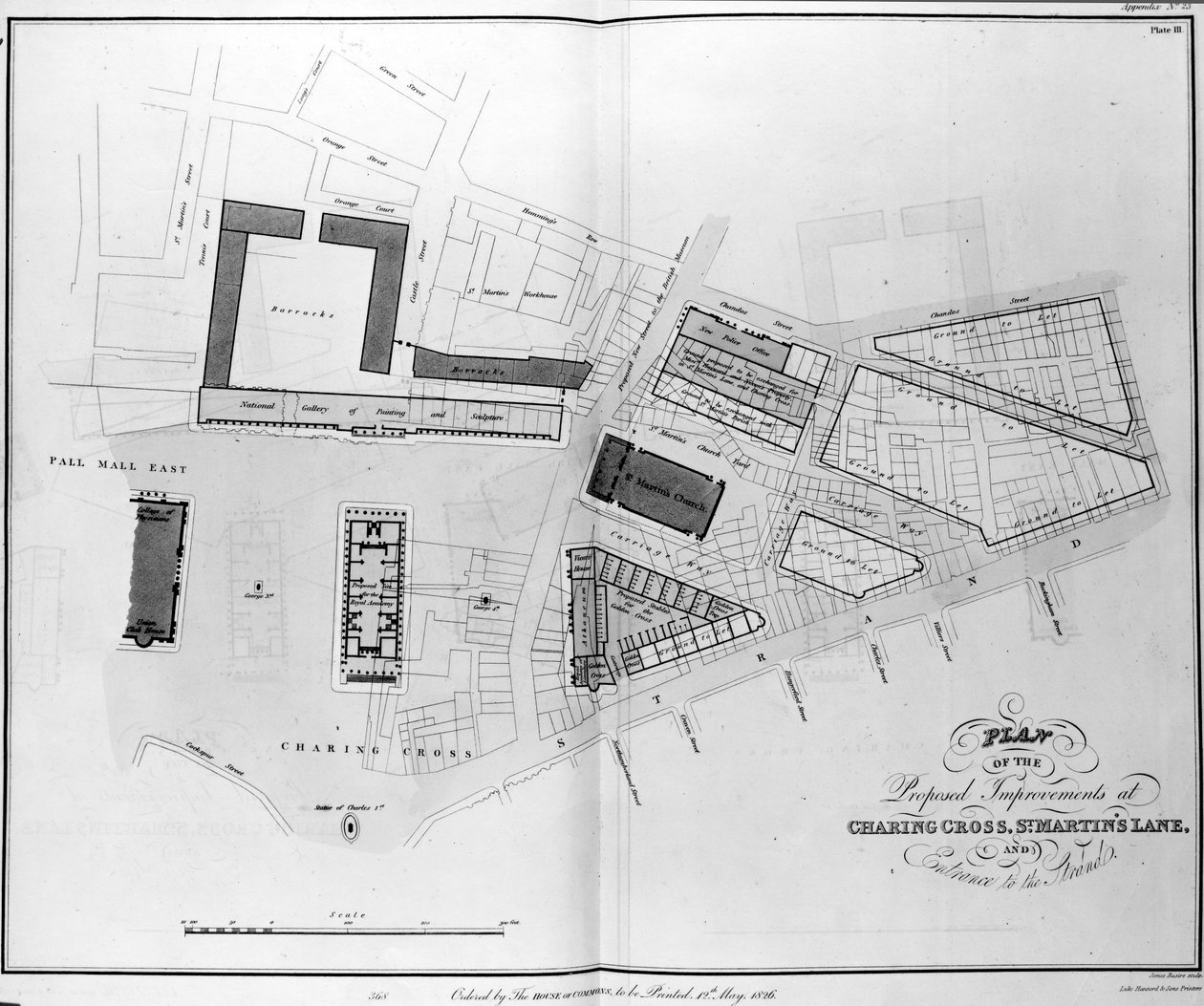 Plan of the Proposed Improvements at Charing Cross, St. Martins Lane and Entrance to the Strand, engraved by James Basire, 1826 by English School