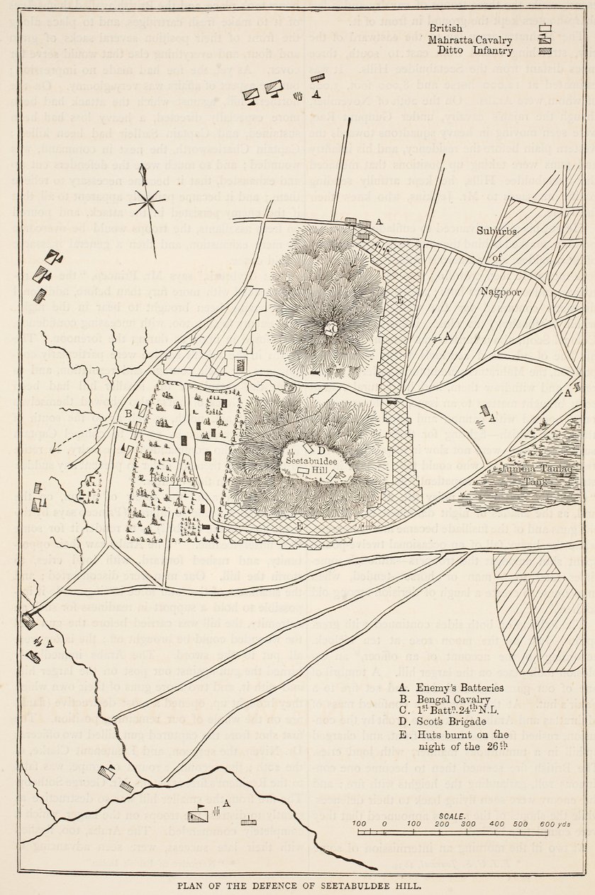 Plan of the Defence of Seetabuldee Hill, illustration from Cassell