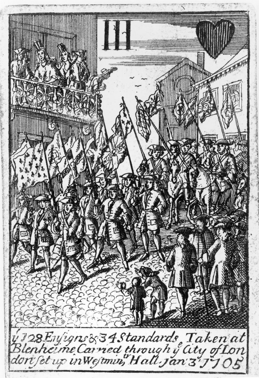 Playing card depicting the Ensigns and Standards Taken at Blenheim, being carried through the City of London, 3rd January 1705 by English School