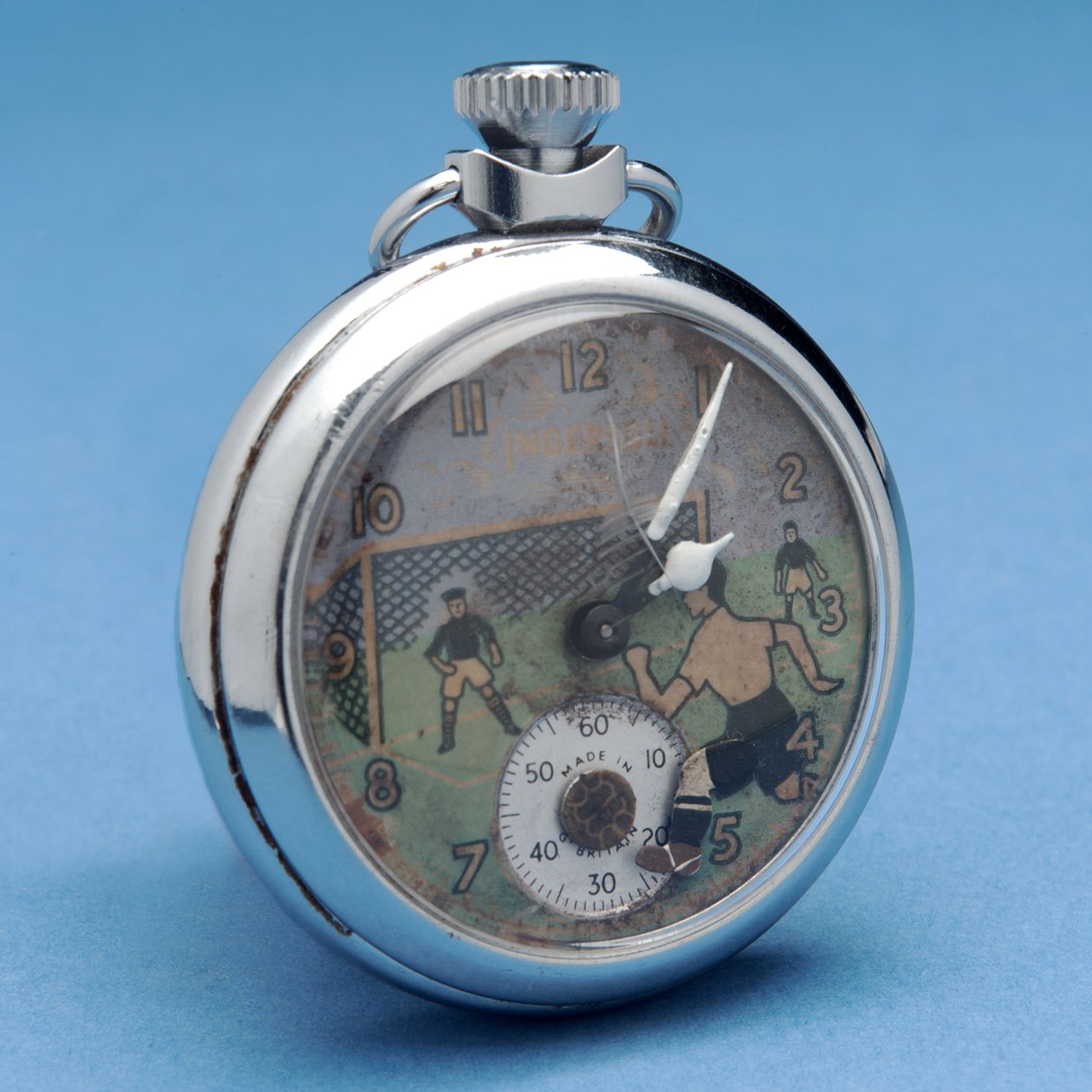 Pocket watch with a pictorial face depicting a footballer (metal) by English School