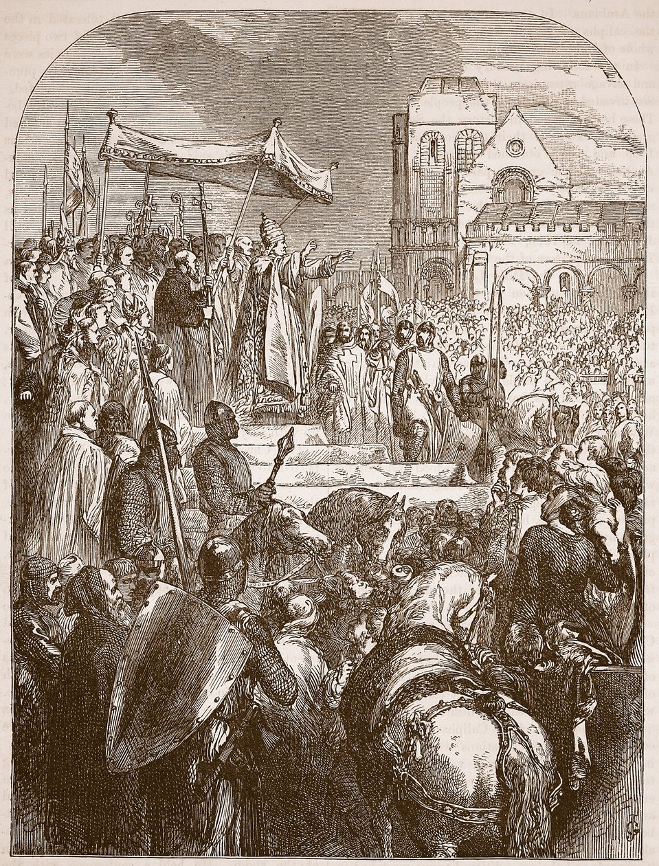 Pope Urban II preaching the First Crusade in the marketplace of Clermont, 1096 (Illustration from Cassell