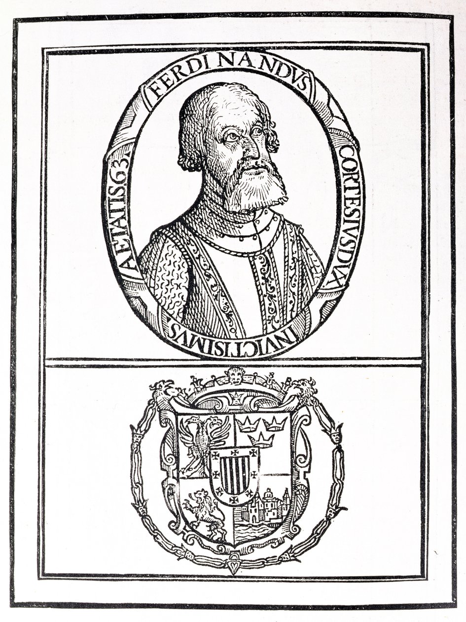 Portrait of Hernado Cortes (1485-1547) and his arms by English School