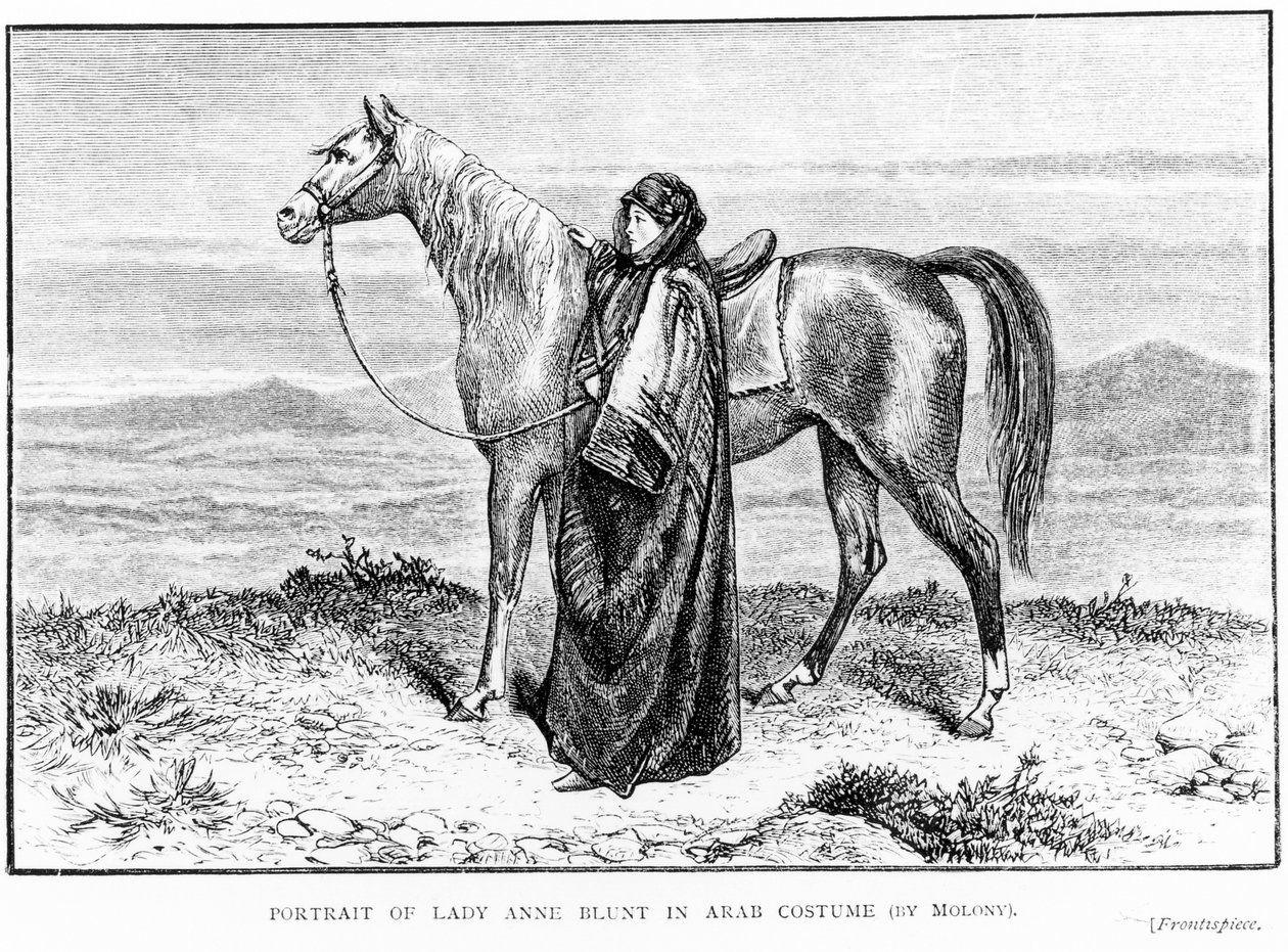 Portrait of Lady Anne Blunt in Arab costume with an Arab horse, frontispiece to her book A Pilgrimage to Nejd, published 1881 by English School