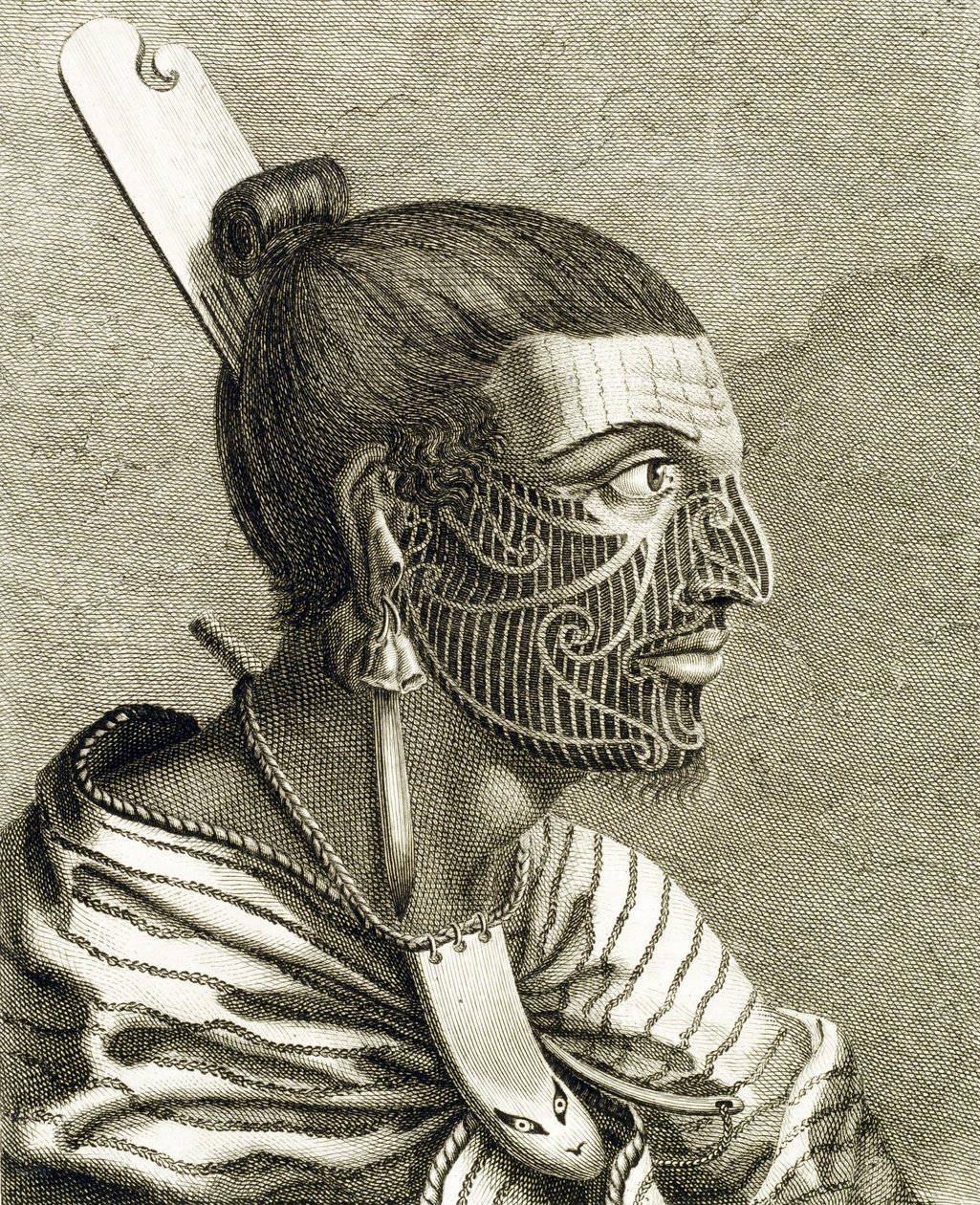 Portrait of Maori Man with Ta Moko Tattoos by English School
