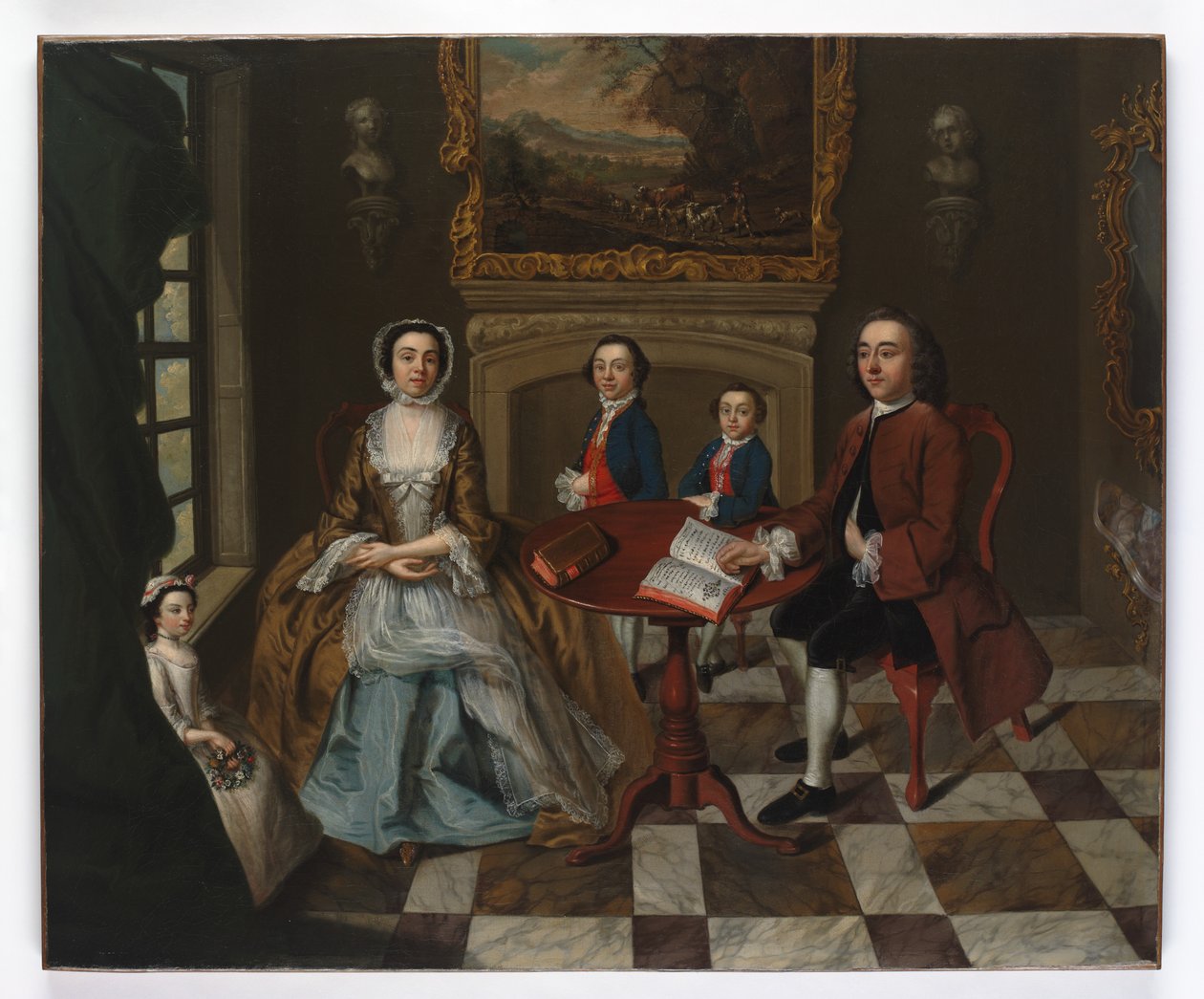 Portrait of a family in an interior, thought to be the Roubel family by English School