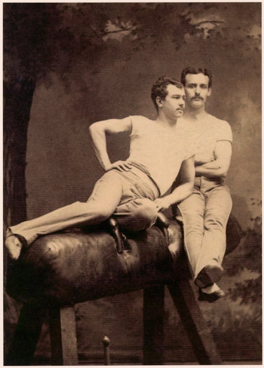 Portrait of two Gymnasts posing on a Pommel Horse by English School