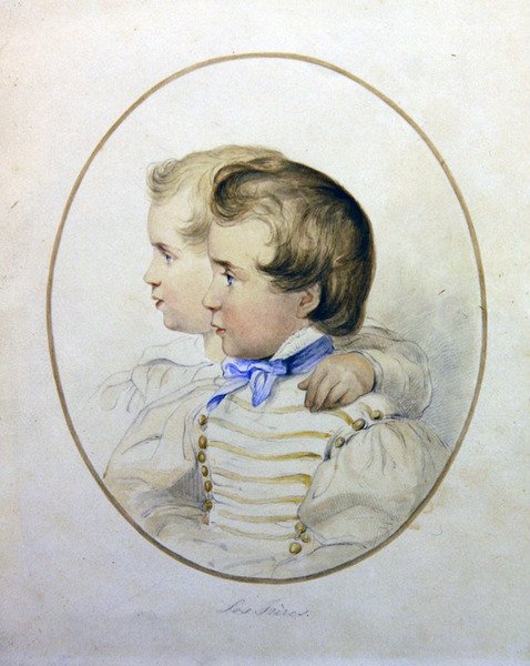 Portrait of two brothers in military costume by English School