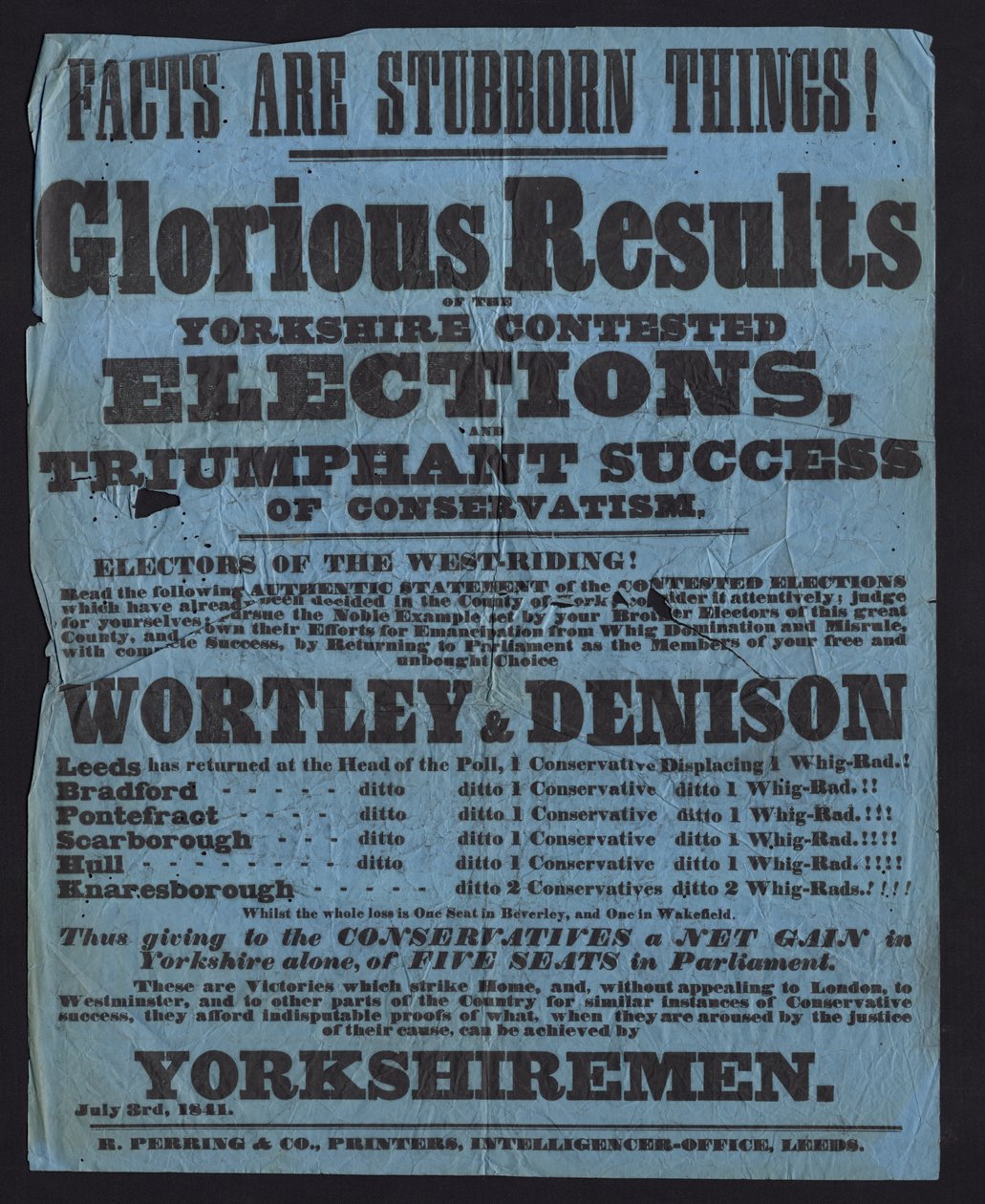 Poster celebrating victory of Conservative candidates in parliamentary elections in Yorkshire by English School