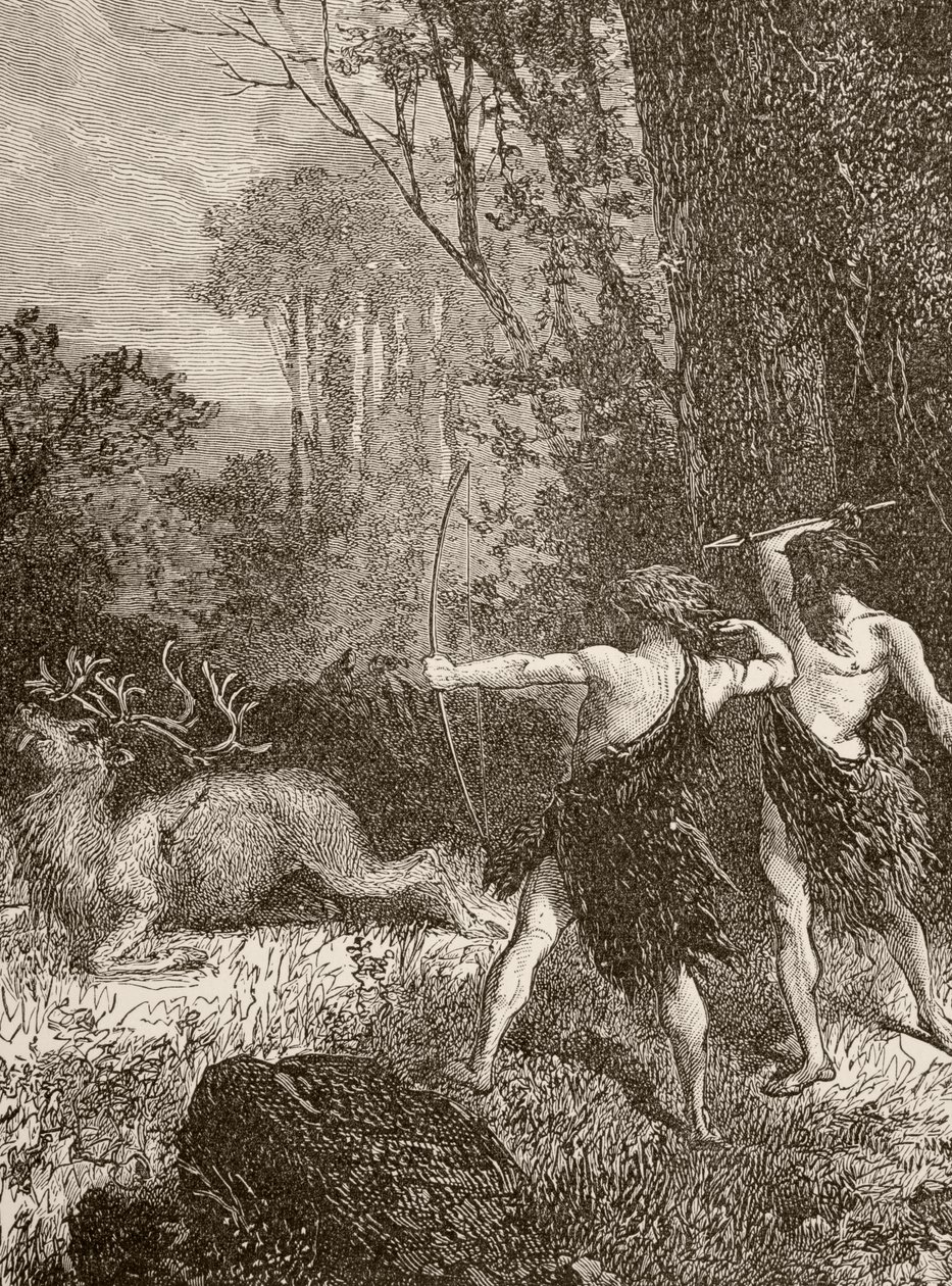 Prehistoric Man Hunting with Bow and Arrow and Spear by English School