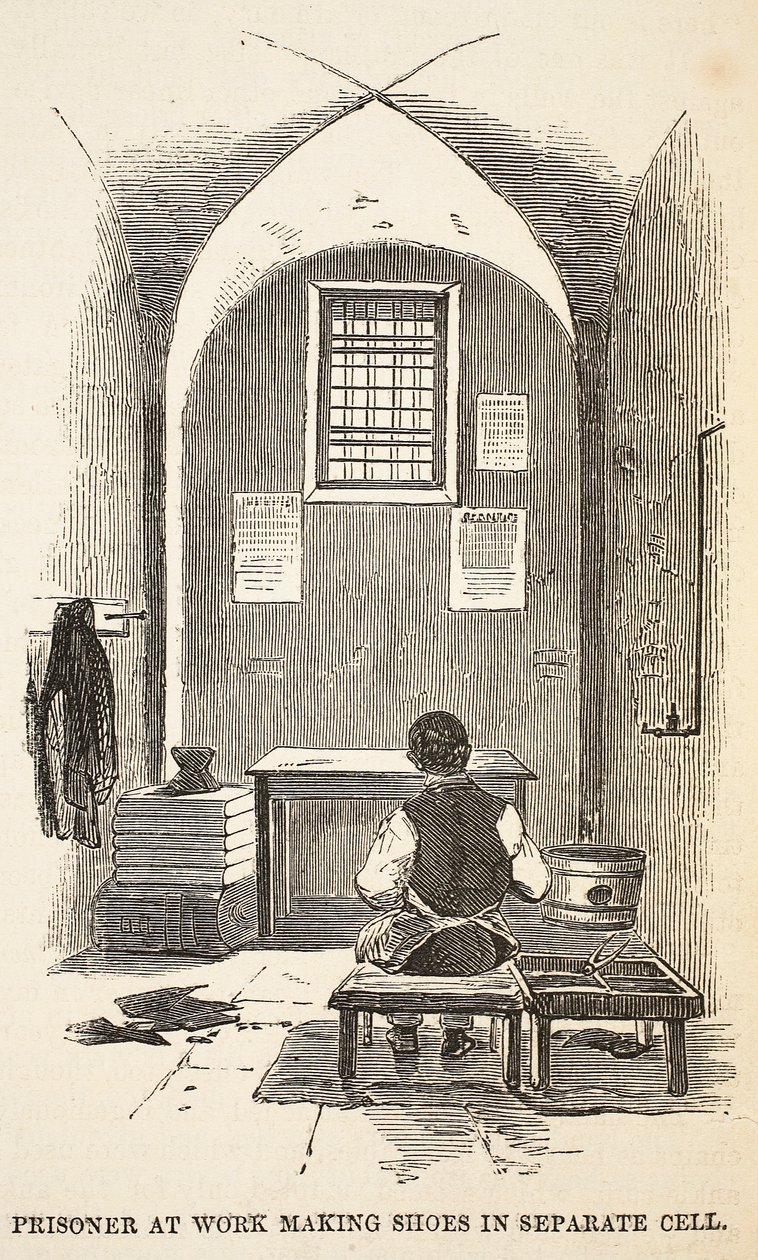 Prisoner at work making shoes in separate cell, illustration from The Criminal Prisons of London and Scenes from Prison Life by Henry Mayhew and John Binny, published 1862 by English School