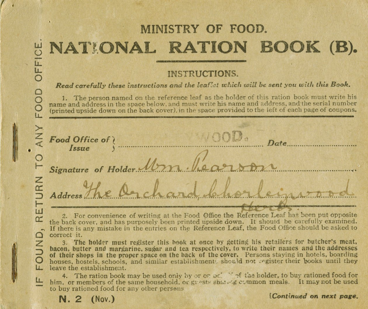 Ration Book for William Pearson, Chorleywood, Hertfordshire, 1919 by English School