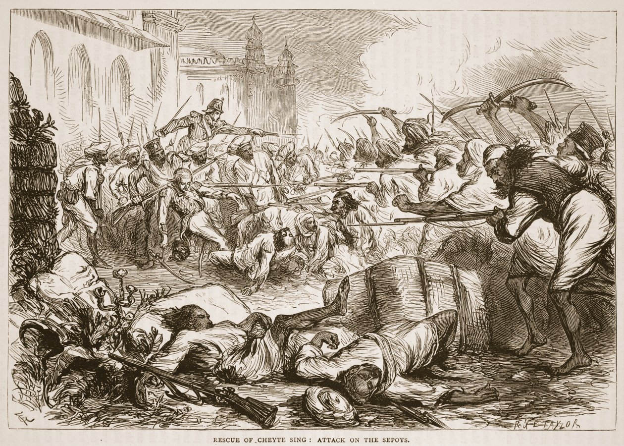 Rescue of Cheyte Sing: Attack on the Sepoys, Illustration from Cassell