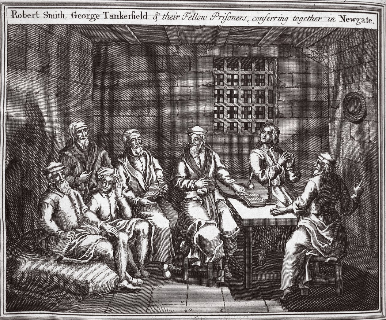 Robert Smith, George Tankerfield and their fellow prisoners, conferring together in Newgate, illustration from Foxe
