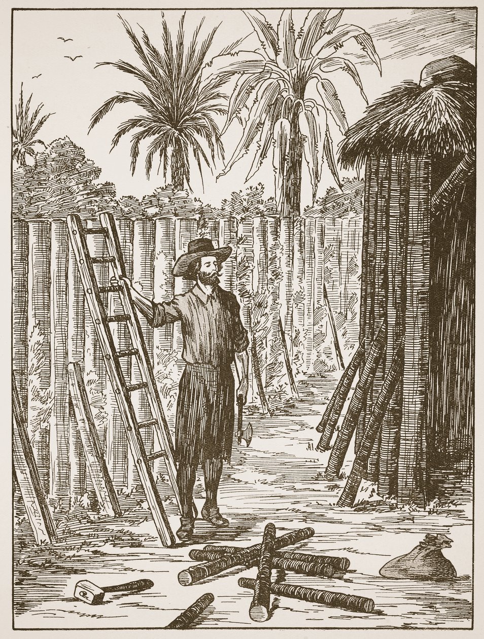 Robinson Crusoe building his bower, illustration from The Story of Robinson Crusoe: An adaptation for children following Defoe