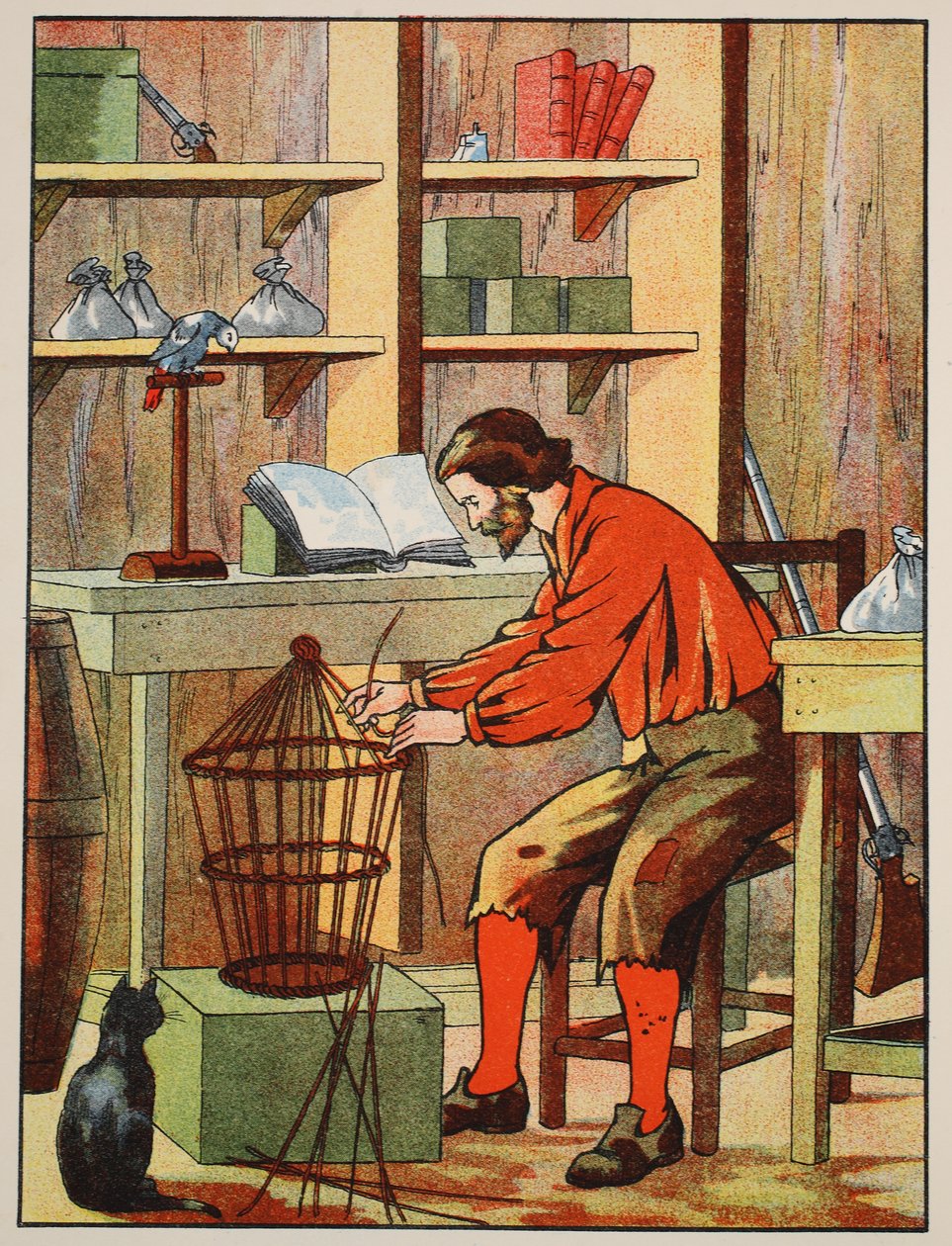 Robinson Crusoe making a cage for his parrot by English School