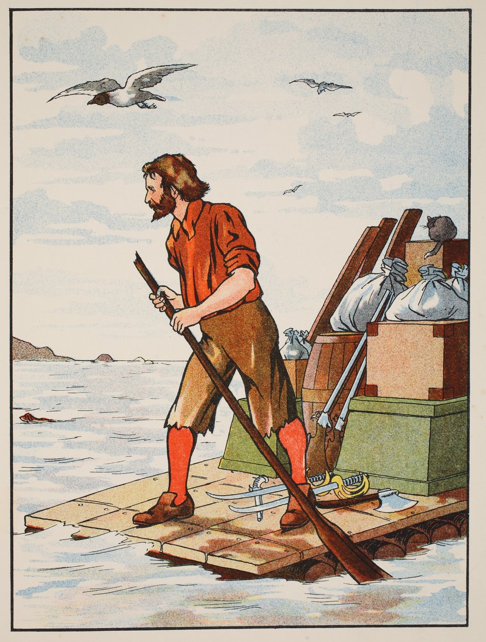 Robinson Crusoe on his raft, illustration from The Story of Robinson Crusoe: An adaptation for children following Defoe