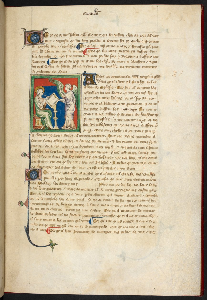 John seated, writing; an angel stands behind his desk, from The Queen Mary Apocalypse by English School