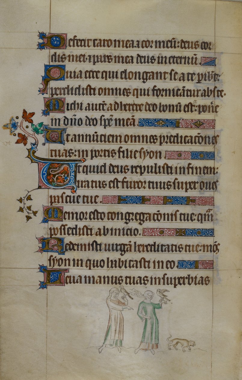 Bas-de-page scene of two women carrying hawks, and a small dog in front of them, with an inhabited initial, illustration from the 