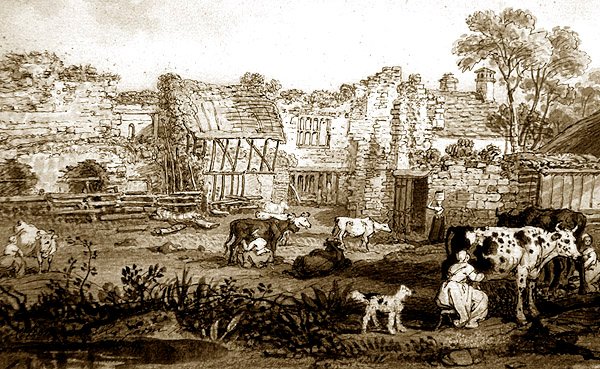 Ruined Manor House with Milking Cows by English School